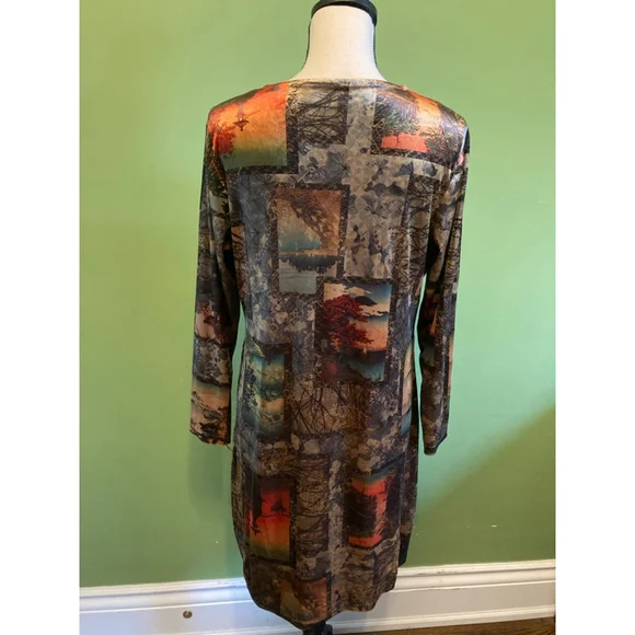Women's Velvet Long Sleeve Dress L Brown Orange Abstract Print - Picture 6 of 8